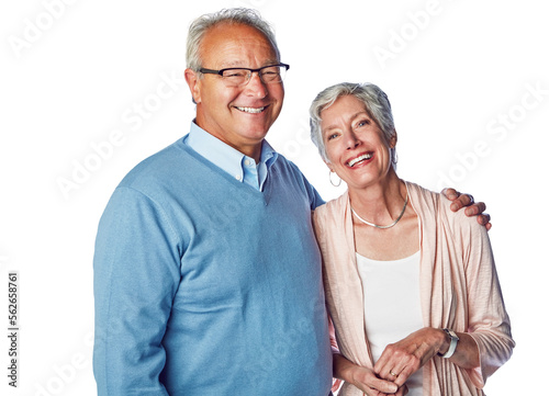 Senior couple, hug and retirement portrait in studio with happiness, love and support in happy marriage. A old man and woman together for commitment, care and trust isolated on a white background