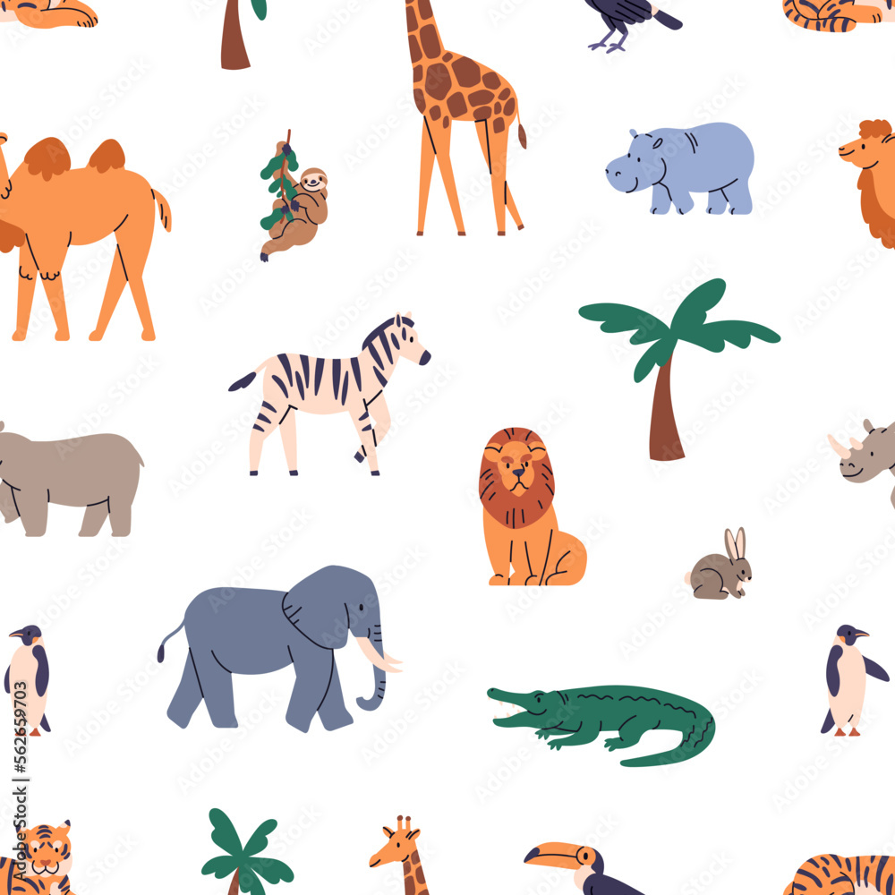 Fototapeta premium Wild animals pattern. Seamless background, different cute mammals, fauna. Wildlife, kids repeating print for wrapping, textile. Endless texture design. Printable childish flat vector illustration