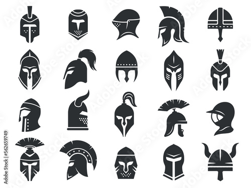 Ancient helmets. Medieval warrior knight helm armor, black silhouettes of gladiator viking crusader spartan headgear protection. Vector isolated set