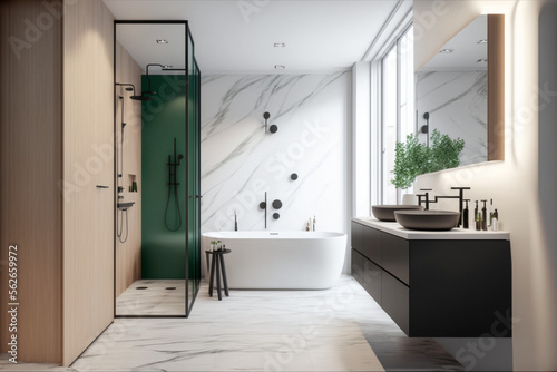 Modern bathroom interior design, Luxury yet minimalist clean, bright and hygienic spacious bathroom with shower, toilets, mirrors, bathtub and natural green plant in a hotel, apartment, or house. 