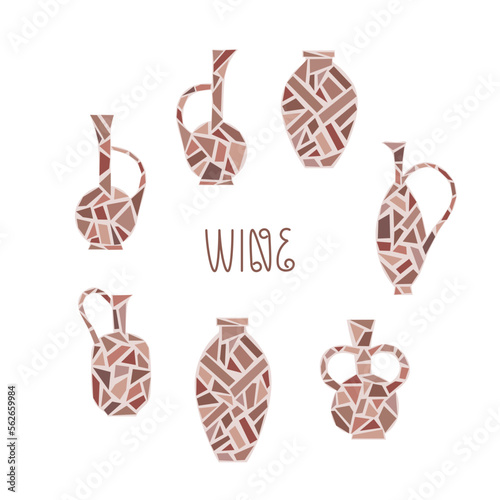 Wine jugs vector illustration set. Traditional clay vessel, jar, amphora from tiles