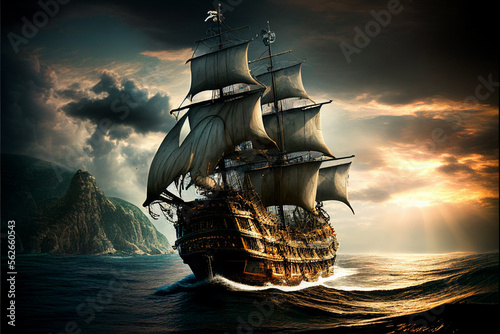 A huge pirate ship sails on a stormy sea. AI generated.