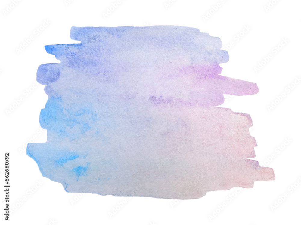 Bright abstract watercolour blue-purple pink blotches. Illustration on white background. Banner for text, element for decoration. Hand drawn on paper background isolated on transparent, png.