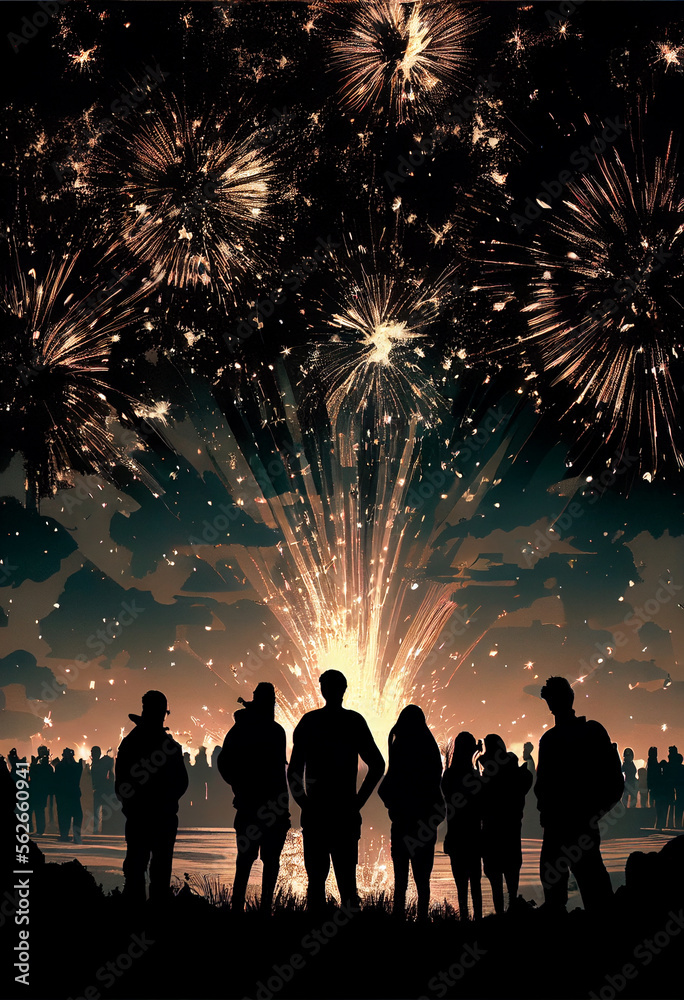 Silhouettes of people watching fireworks in the night sky. AI generated. Silhouettes of people watching fireworks in the night sky. AI generated.