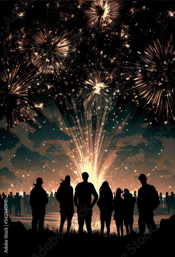 Silhouettes of people watching fireworks in the night sky. AI generated.