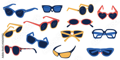 Different glasses. Doodle cartoon sunglasses plastic metal frames, colorful eyeglasses fashion accessories for sun protection. Vector isolated set