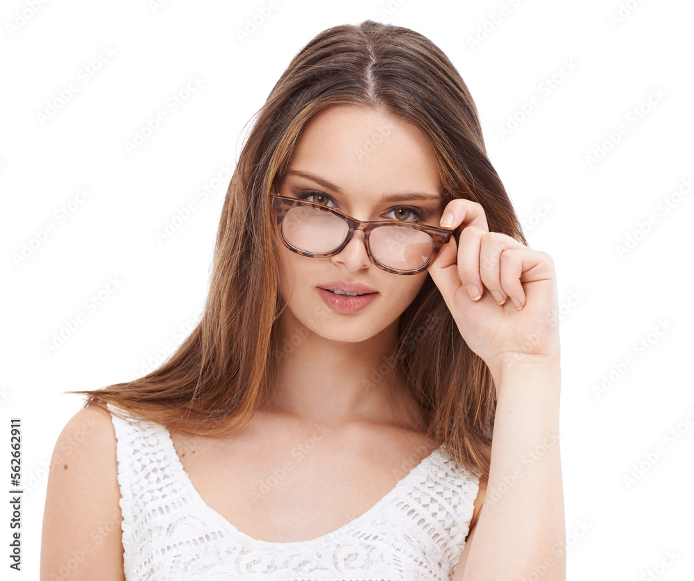 Woman, portrait and glasses for vision, eye care and beauty isolated on a white studio background. Face of model person with eyeglasses, frame and lens for advertising cosmetic or insurance in studio
