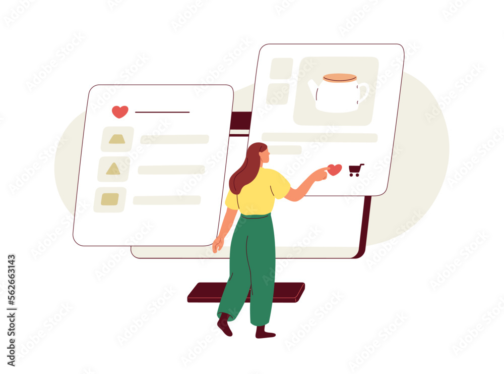 Customer saving item to wish list in internet. Buyer liking, tapping heart, adding goods to online wishlist, shopping watchlist in web store. Flat vector illustration isolated on white background Customer saving item to wish list in internet. Buyer liking, tapping heart, adding goods to online wishlist, shopping watchlist in web store. Flat vector illustration isolated on white background