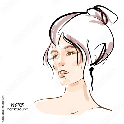 art sketching portrait of beautiful young woman makeup face, fashion vector; glamour girl mode; hand draw illustration; hairstyle for the evening, wedding; modern design for women's day card, poster