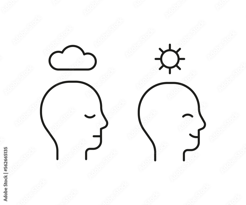 Head profile with calm and positive mood, line icon. Face with cloud and clear sky, sun. Control of mind, psychology. Vector illustration