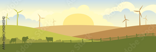 Abstract rural landscape with cows and wind generator. Vector illustration, fields, meadows and windmill.