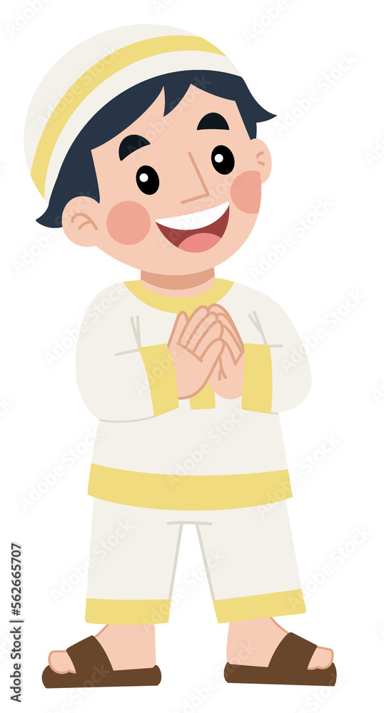 Illustration of a muslim boy greeting with hands