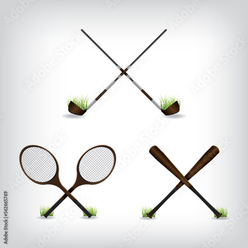 Tennis racket golf stick and baseball bat illustration