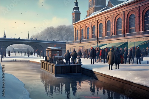 view of a frozen river, canal with vendor stands made with generative ai,  building, people photo