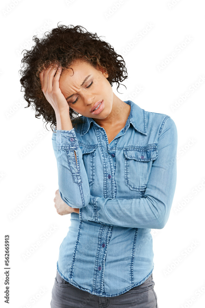 Studio shot of a young woman experiencing a headache Isolated on a PNG background.