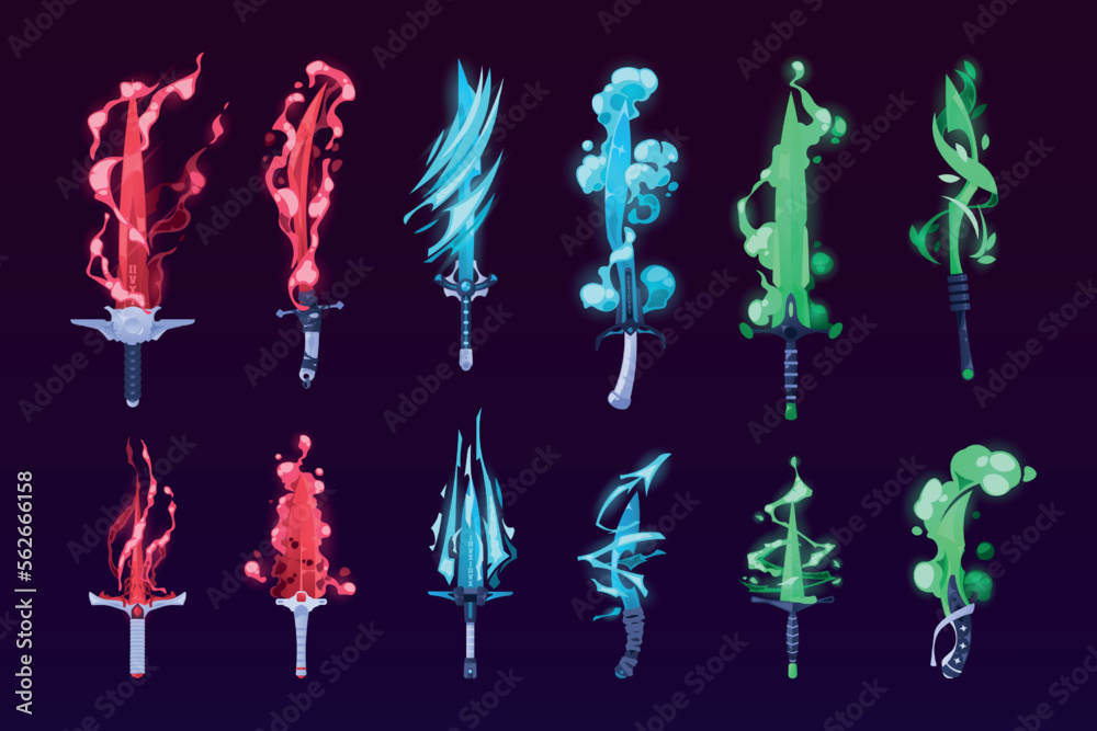 Glowing gaming swords. Magic fantasy shiny warrior weapon for game UI asset, medieval cartoon blade kit with fire flame neon blue light. Vector set