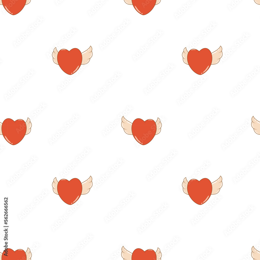 Valentines day seamless pattern with hearts and wings in retro cartoon style of 60s - 70s