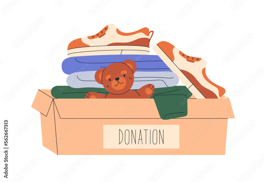 Donation box with kids toys, childrens clothes. Charity, humanitarian