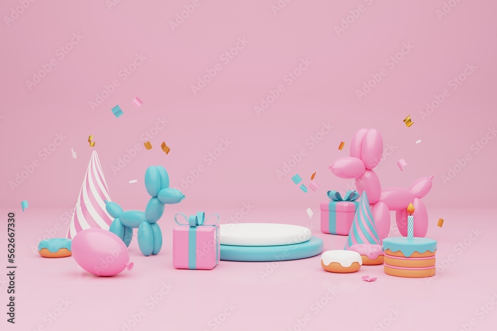 Festive background. Pastel pink and blue cake, balloons, gift boxes on  light pink background. 3D rendering Stock Illustration