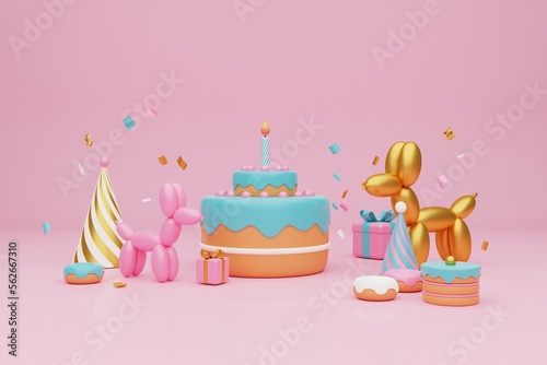 Festive background. Pastel pink and blue cake  balloons  gift boxes on light pink background. 3D rendering