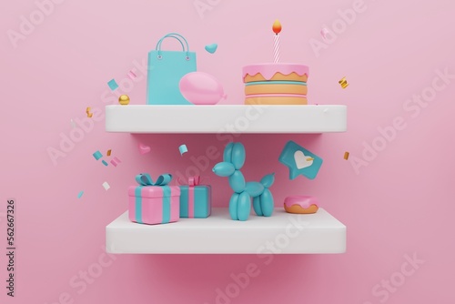 Festive background. Pastel pink and blue cake, balloons, gift boxes on light pink background. 3D rendering © Vika art
