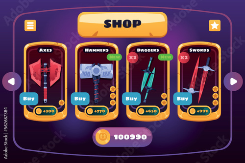 Game weapon shop. Fantasy rpg store menu panel with medieval sword axe dagger equipment and price, UI frame role playing concept. Vector illustration