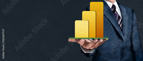 Business hand Worker holding Business analytics Big data analysis (yellow chart) technology future concept on VR screen on dark black background.