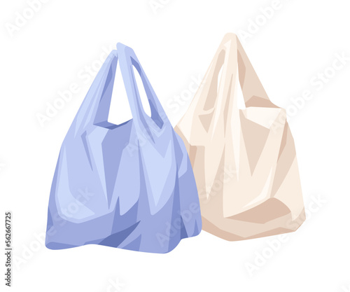 Polyethylene plastic bags. Used cellophane polythene grocery shopping packages composition. Wrinkled crumpled disposable packs with handles. Flat vector illustration isolated on white background