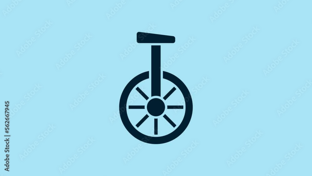 Blue Unicycle or one wheel bicycle icon isolated on blue background. Monowheel bicycle. 4K Video motion graphic animation