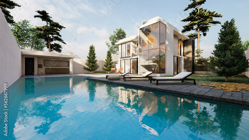 Modern house with pool and patio for relaxation, exterior, 3D illustration. © HannaIvanova
