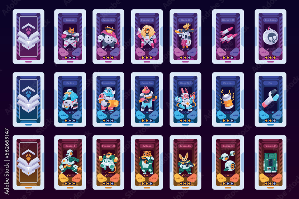 Card game characters. Cartoon deck with fantasy warrior animals, UI decorative frame with funny mascots for RPG sprite game asset. Vector colorful set