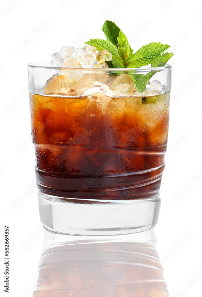 Summer cocktail drink, Cola with rum on iced in clean transparent glass garnish with fresh mint leave with glass reflection shadow isolated on white background. Summer cocktail drink, Cola with rum on iced in clean transparent glass garnish with fresh mint leave with glass reflection shadow isolated on white background.
