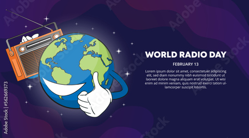 World radio day background with a world globe and radio receiver with a dark sky
