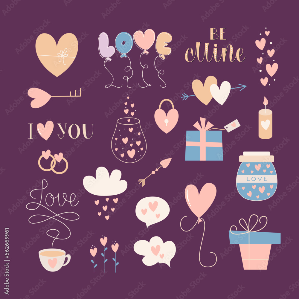 Flat Design Elements for Valentines Day. Cute Romantic Colletion. Flat Design Elements for Valentines Day. Cute Romantic Colletion.
