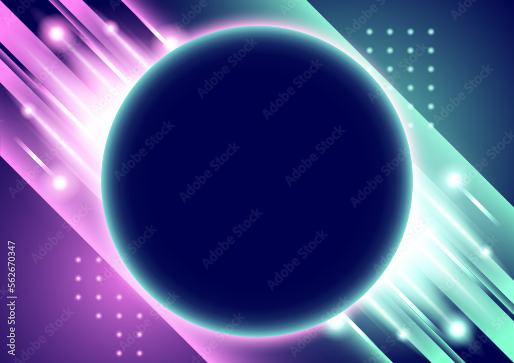 Blue and magenta neon glow background with abstract circle frame.