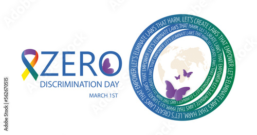 Zero Discrimination Day. Text with butterflies and slogan in circular shape on white background.March 1.