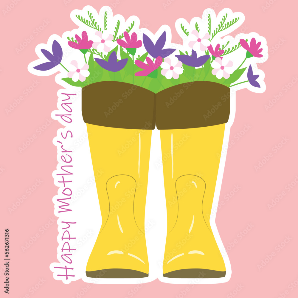 Happy mother day card. Square banner with flowers from yellow boots. Vector illustration.