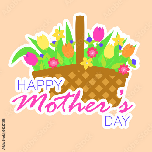 Square banner for mother day. Happy Mother's Day card with spring flowers from basket. Vector illustraiton.