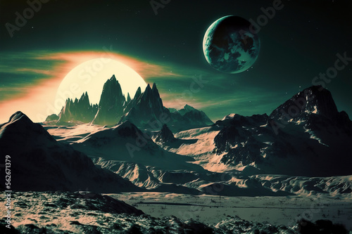 Alien Planet with Moons  fantasy planet somewhere in the universe. Created with Generative AI technology.
