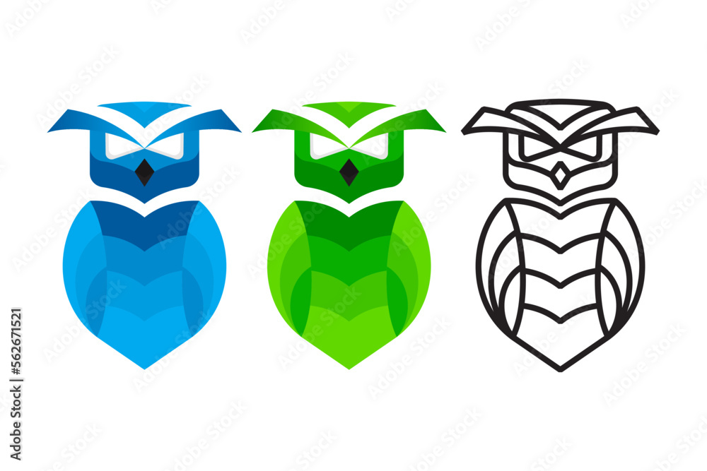 Obraz premium owl logo design template. modern and outline style. there are three colors selected are green, blue and black. abstract bird illustration symbol isolated on horizontal white background.