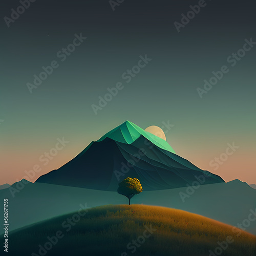 a digital painting of a mountain with a tree in the foreground minimalist