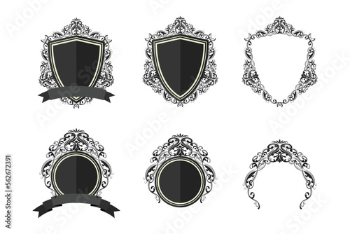 a set of floral shield logos with elements