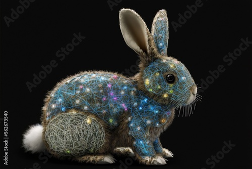 Neon Easter bunny glowing in the dark created with generative AI technology. High quality illustration