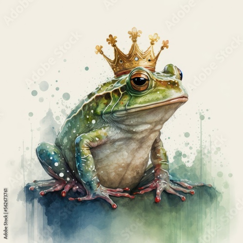 Fototapete Frog in crown. Watercolor, ai generated