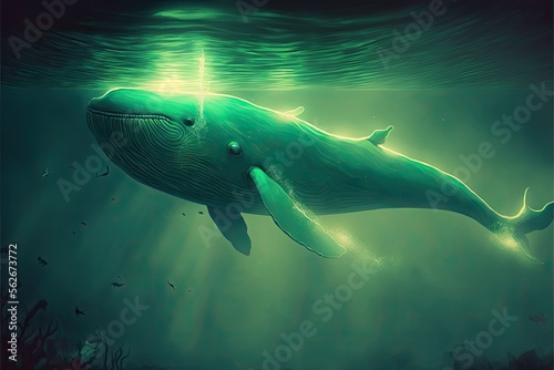 glowing green whale in the sea, ai generated