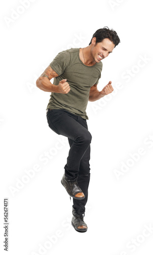 A handsome young man jumping with excitement Isolated on a PNG background.