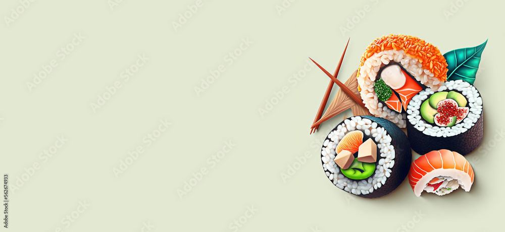 Sushi rolls food on a plate. Generative AI.
