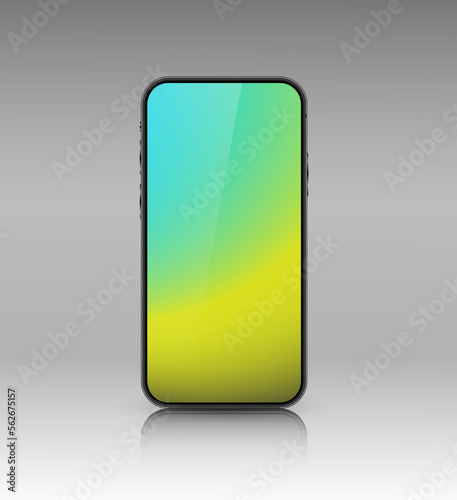 Free Download A smartphone layout with a yellow-blue gradient screen. Realistic 3D mobile phone with shadow on gray background. Front view of the device. Vector illustration. - GFXLoad
