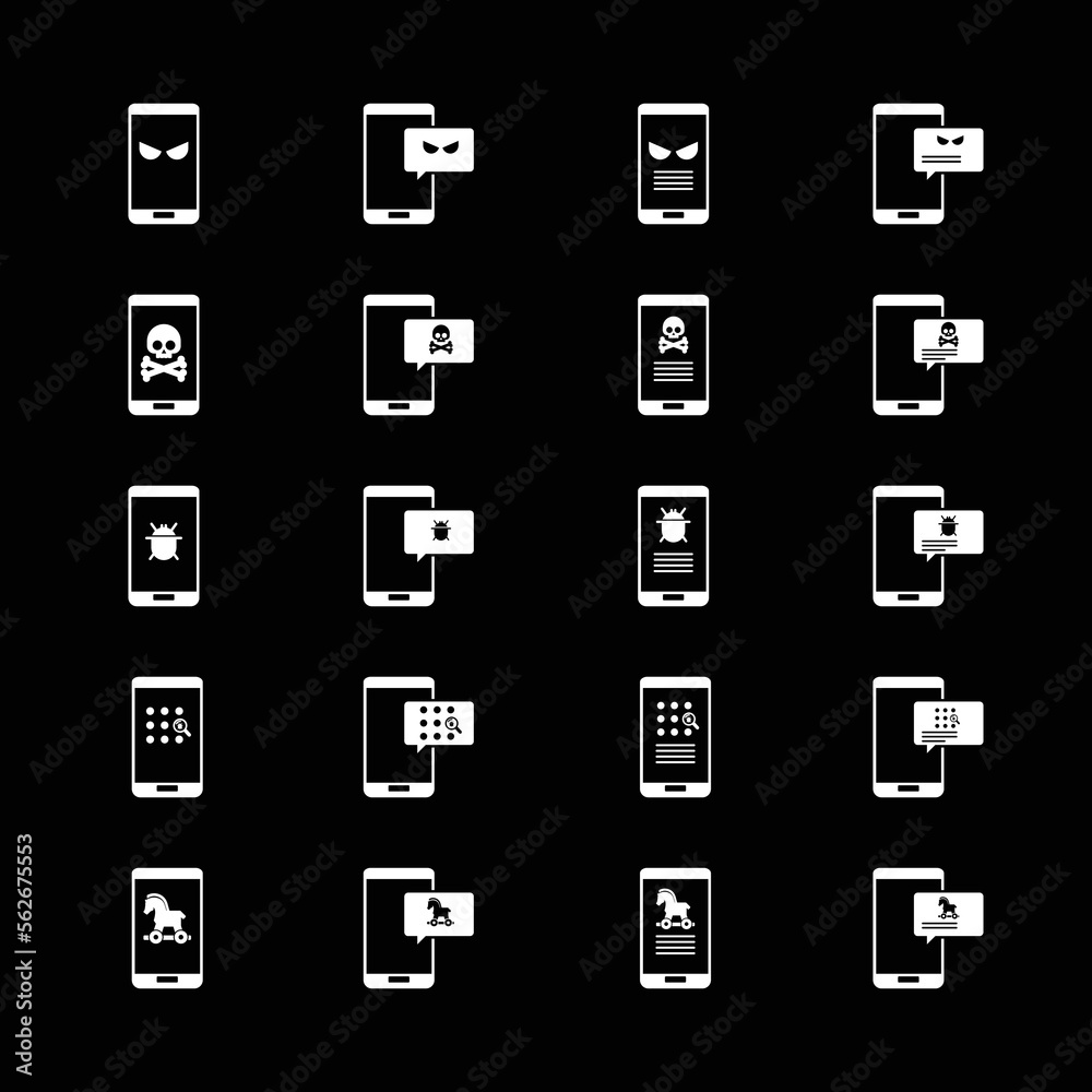 Malware notification on mobile phone. Virus, malware, email fraud, e-mail spam, phishing scam, hacker attack concept. Vector illustration. Icons set.