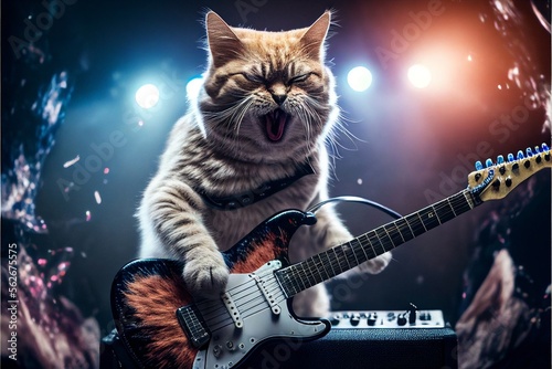 Cats as rock stars at concert created with generative AI technology. High quality illustration